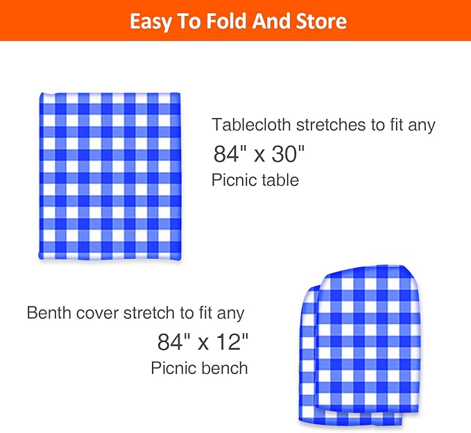 KENOBEE 7ft Picnic Table and Bench Cover, Camping Essentials RV Gear, 84 in Waterproof Windproof Outdoor Elastic All Around Tablecloth, Fitted Rectangle Tables and Seats, Blue-White Checkered