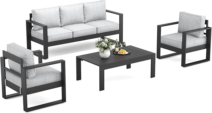 Outdoor Aluminum Furniture Set - 4 Pieces Modern Patio Conversation Sets Metal Sectional Sofa with Coffee Table