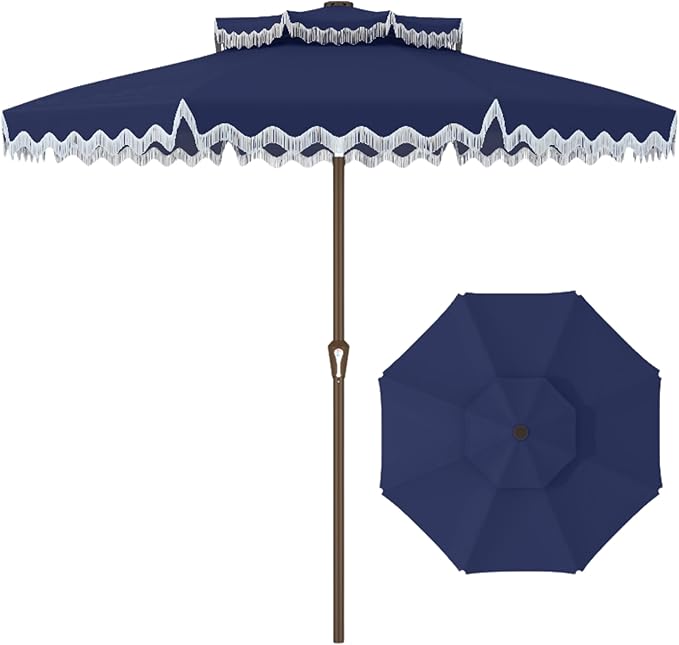 Patiokingdom 9FT Patio Umbrella with Fringe,Tassel Umbrella UPF 50+ & Push-Button Tilt,Rust-Resistant Fiberglass Frame for Pool,Garden,Backyard,Yard (Navy)