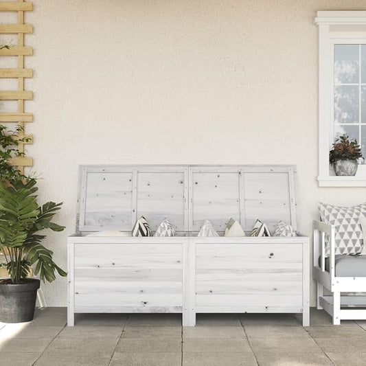 White Patio Storage Box 59.1"x19.7"x22.2" Solid Fir Wood Outdoor Furniture with Slatted Bottom for Deck Pool Toys Garden Cushions