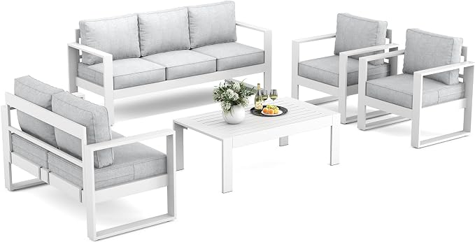 Outdoor Aluminum Furniture Set - 5 Pieces Modern Patio Conversation Sets Metal Sectional Sofa with Coffee Table