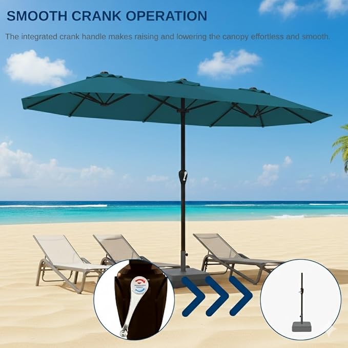15FT Large Patio Umbrella with Base, Double Sided Rectangular Outdoor Umbrella with Sturdy Fiberglass Ribs, UPF 50+ Sun Protection, Wind-Resistant, Waterproof Fade-Resistant Fabric for Pool, Garden, Backyard, Deck(Lake Blue)