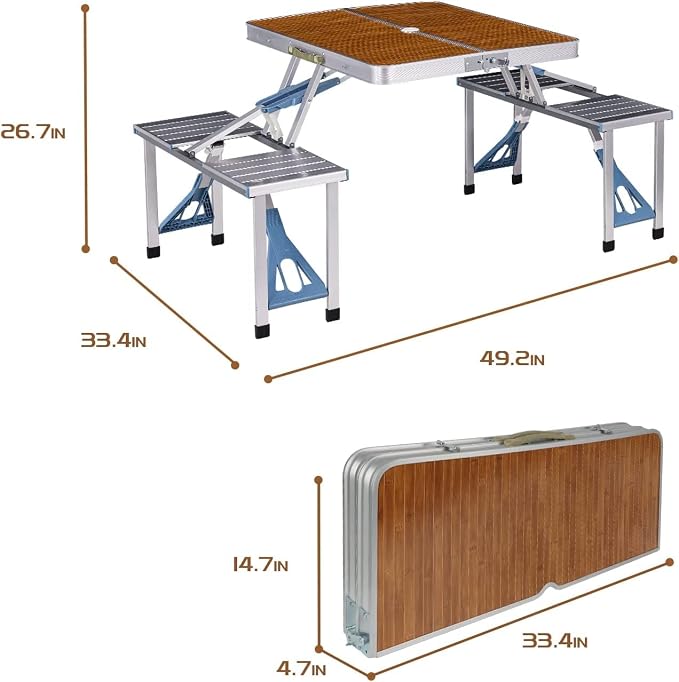 EUROSAKURA Portable Folding Picnic Table with Seats Chairs and Umbrella Holes,Lightweight and Compact Aluminum Camping Suitcase Foldable Table Beach Set for Indoor Outdoor Travel Party (Silver)