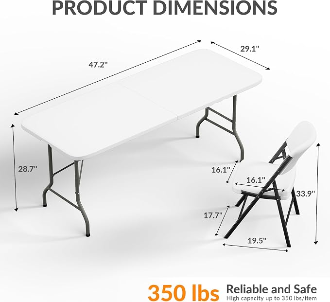 Elevon Folding Table Set with 6 White Folding Chairs,6 Feet Heavy Duty Fold-in-Half Utility Table Sets for Picnic, Event, Training, Outdoor Activities, at Home and Commercial Use