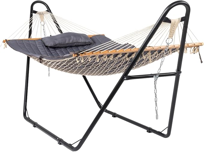 Double Hammock with Stand,Heavy Duty Portable Outdoor Hammock for 2 Person,Detachable Hammock Bed for Outside,﻿550 LBS Capacity,for Patio, Garden, Backyard & Beach (Gray)