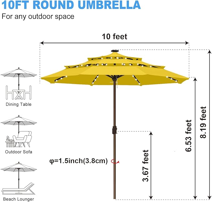 Eurmax USA 10-Year-Non-Fading 10FT 3-Tier Outdoor Patio Market Umbrella with LED Lights,UPF50+ UV Resistant,Commercial Grade,Crank Lift Design,Windproof Vented Top for Garden,Pool,Deck,Sunflower Yellow
