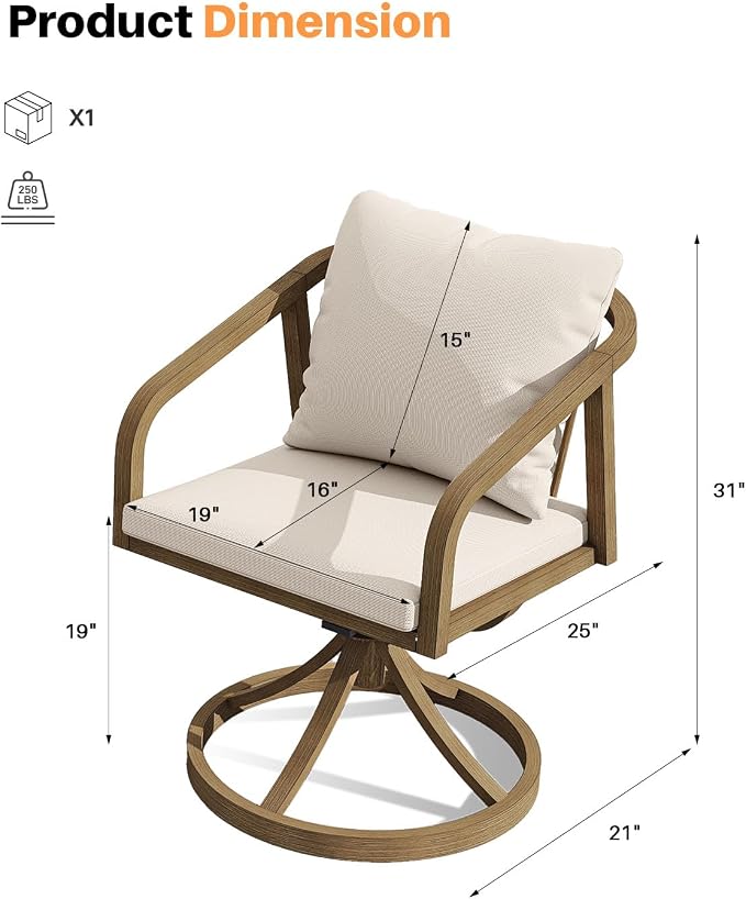 Swivel Outdoor Chairs Set of 2, Patio Dining Chairs with Removable Cushions, Never-Rust Aluminum Outdoor Dining Chairs with Wraparound Backrest and Armrest for Poolside, Deck, Backyard, Teak