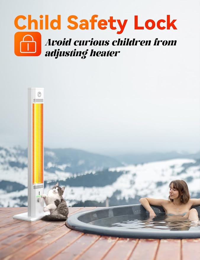 BALKO 42INCH Outdoor Heater, 9 Heat Levels & 540Min Timer, Child Safety Lock, IP65 Waterproof Garage Heater, 1500W Infrared Heating,Tip-Over & Overheat Protection, Patio Heaters for Outdoor Use Indoor