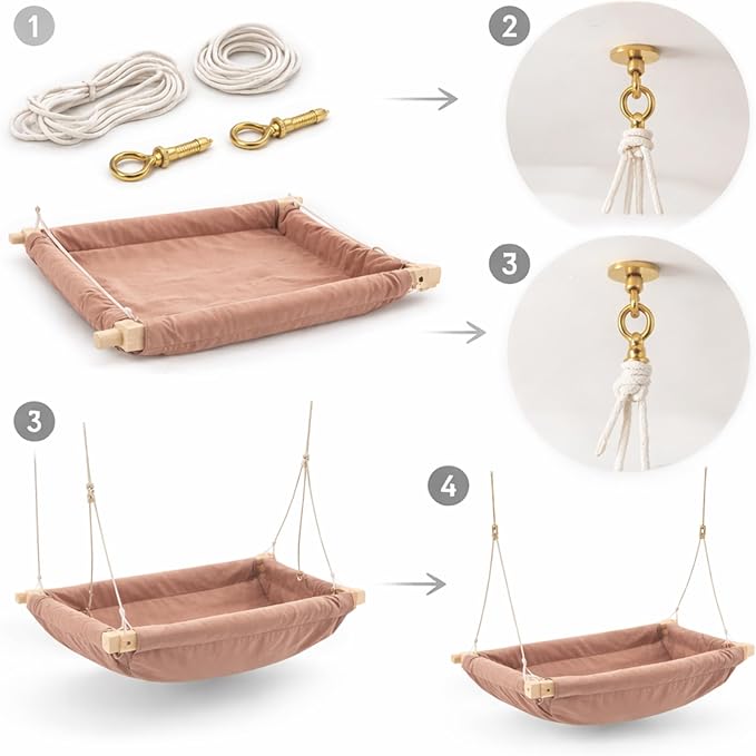 Kids Hammock Bed for Children Ages 3 to 5 Years, 15 to 36 kg Capacity, Comfortable Fabric with Wooden Frame, Portable and Easy to Assemble for Indoor and Outdoor Use (Brown-4)