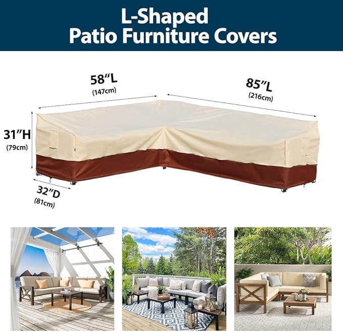 Outdoor Sectional Cover Patio Furniture Covers Waterproof Rip-Stop Anti-UV 600D Heavy Duty Couch Sofa Cover with 3 Air Vent (Beige & Reddish Brown, L-Shaped-Left facing-58''X85'')