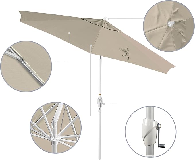 California Umbrella 12-Year Protection 9' Rd Aluminum Patio Umbrella, Crank Lift, Auto Tilt, White Finish, Sunbrella Canvas