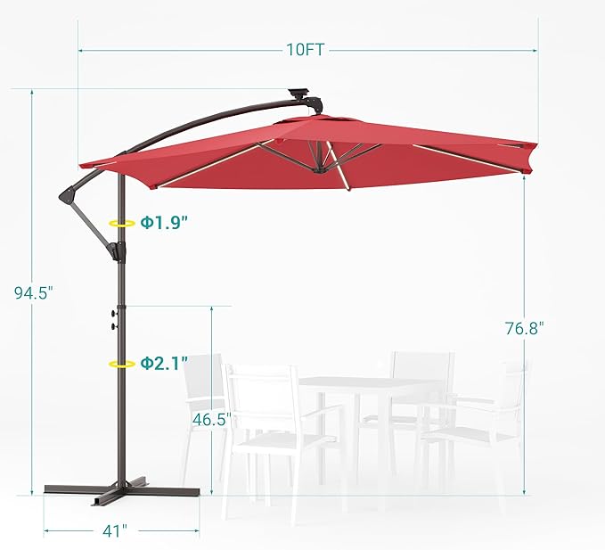 10ft Offset Patio Umbrella with Solar Light Strips,Outdoor Cantilever Hanging Umbrella with Cross Base, Fade Resistant Recycled Fabric, for Pool, Deck, Garden,Backyard,