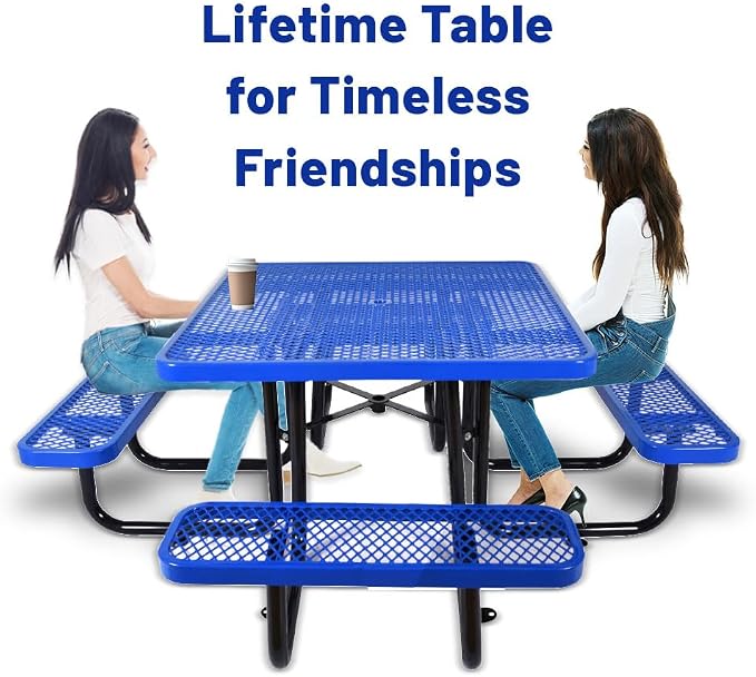 46" Thermoplastic Picnic Table with Umbrella Hole up to 1.5", Heavy Duty Commercial Picnic Table for Outdoor, Family & Party Ready for School Camping, Square, Blue