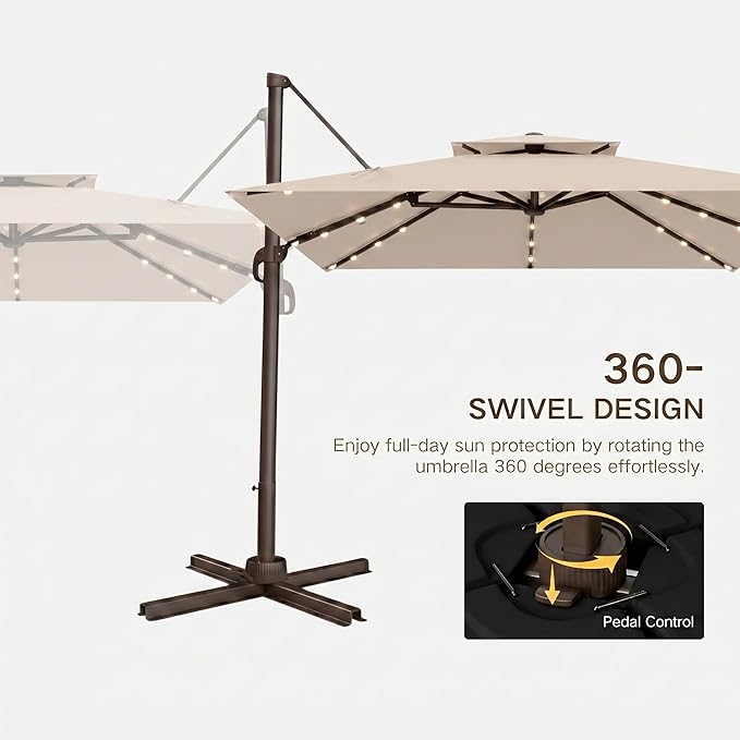 Kingdura Cantilever Patio Umbrella with Double Top Vent, Large Square Aluminum Outdoor Offset Umbrella with 360-degree Rotation, Infinite Tilt, UV Protection for Pool Deck Garden Patio