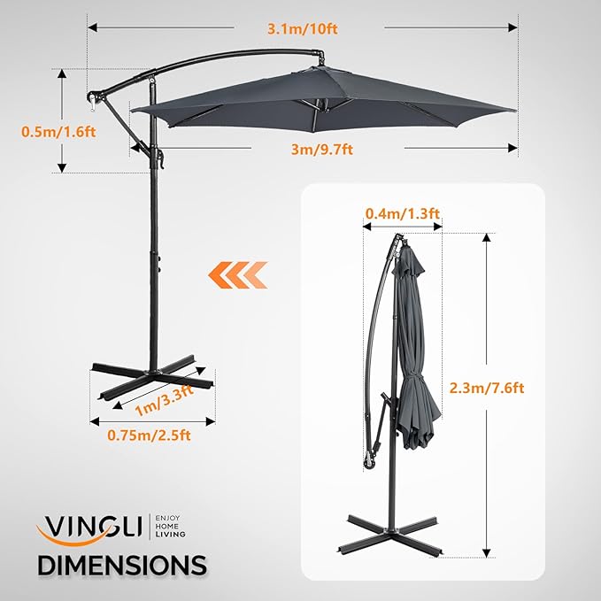 VINGLI 10 ft Cantilever Patio Umbrella, Offset Cantilever Outdoor Umbrella with Solar Lights, Easy Crank & Tilt Adjustment for Backyard, Poolside, Deck