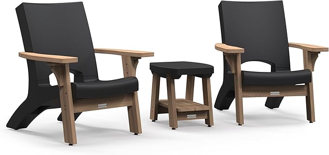 Mayne Mesa Outdoor Patio Conversation Set – Modern Adirondack-Style Chairs with Wood-Tone Arms and Matching Side Table – Weather-Resistant Furniture, Black