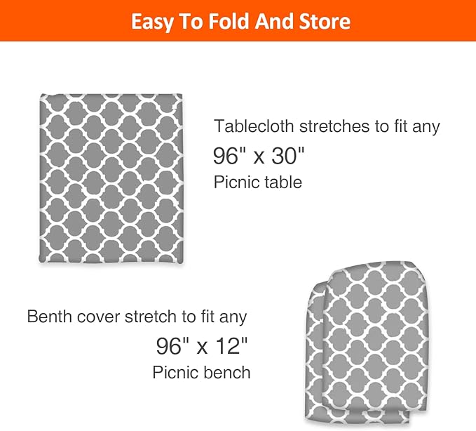 KENOBEE 8ft Picnic Table and Bench Cover, Camping Essentials RV Gear, 96 in Waterproof Windproof Outdoor Elastic All Around Tablecloth, Fitted Rectangle Tables and Seats, Gray-White Moroccan