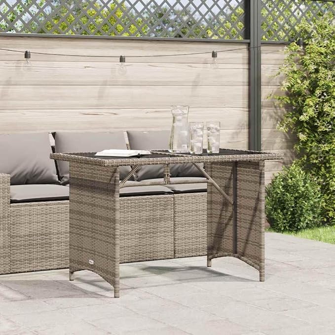 Garden Table 43.3x26.8 Inch, Grey PE Rattan Outdoor Table with Tempered Glass Top, Powder Coated Steel Frame for Patio Balcony Dining
