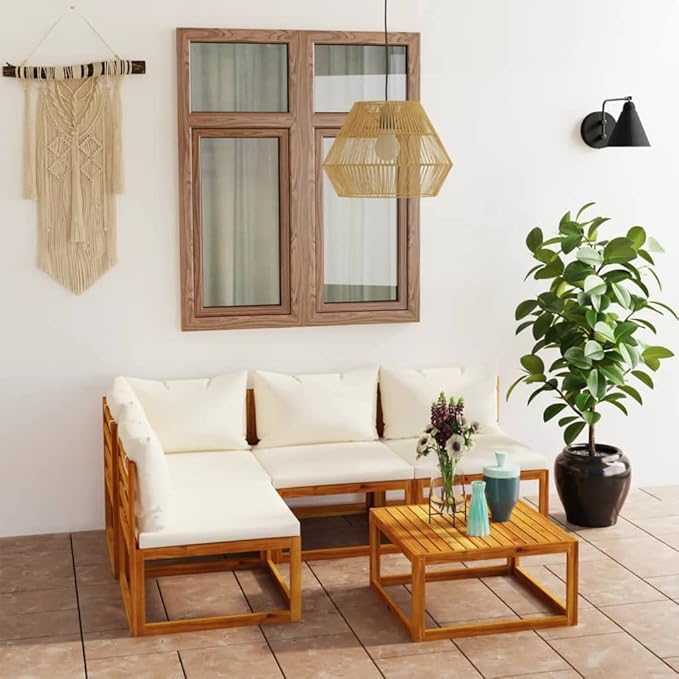 Patio Lounge Set with Cushion,Outdoor Patio Furniture,Outdoor Chat Conversation Set,Garden Furniture Sets,for Patio,Backyard,Garden,Outdoor,5 Piece Cream Solid Acacia Wood
