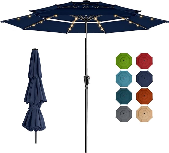 HOMSHADE 9FT 3-Tier Solar Patio Umbrella Heavy Duty,Vented Market Table Umbrella Windproof with 32 LED Lights,UPF50+,5-Year Fade Resistant,8 Thicker Ribs for Pool,Lawn,Garden,Deck (Navy Blue,No Base)