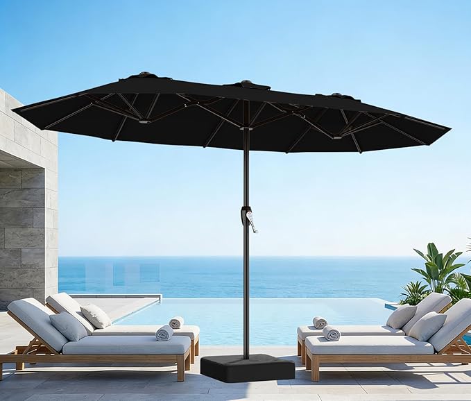 AreShark 15ft Patio Umbrella with Base, Double Sided Outdoor Umbrella with 12 Fiberglass Ribs, Large Outdoor Umbrella for Garden, Pool, Deck, Backyard & Market, Black