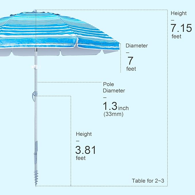 Tempera Heavy Duty High Wind Beach Umbrella with Sand Anchor & Carry Bag | Patio Outdoor Umbrella with Aluminum Frame and Push Button Tilt, Ideal for Travel Garden Lawn, UPF 60+