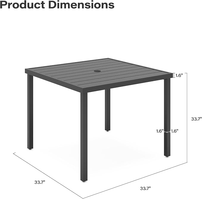 LAUSAINT HOME Outdoor Dining Table for 4, Square Table with Umbrella Hole, Weather Resistant Heavy Duty Metal Frame Table for Lawn Garden Backyard, L37 xW37 xH29