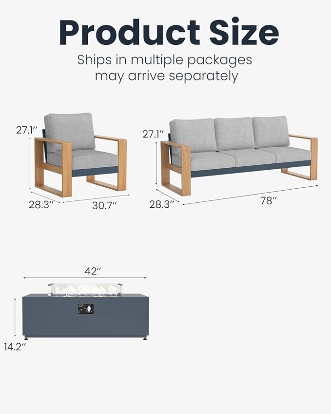 Oversized Aluminum Outdoor Patio Furniture Set, 4-Piece Modern Sectional Conversation Sets with Fire Pit Table, Wide Seat and Thick Cushions