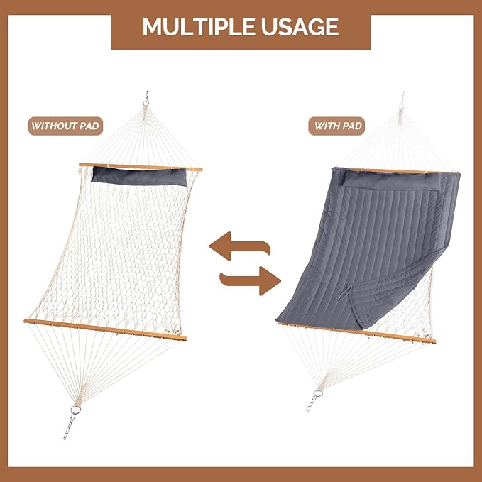 Double Hammock with Stand 450 LBS Capacity Steel Stand, Heavy Duty Outdoor Hammock for Patio, Garden Yard, Backyard, Beach (Gray)