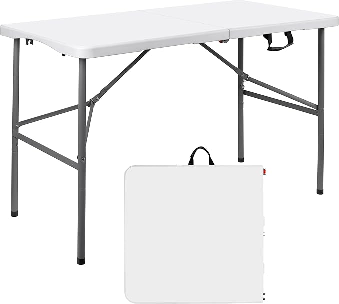 Plastic Folding Table 4ft,Outdoor Folding Utility Table Adjustable, Portable Picnic Camping Table with w/Handle, Lock for Party, Wedding, Kitchen, Beach, Kitchen, BBQ - White