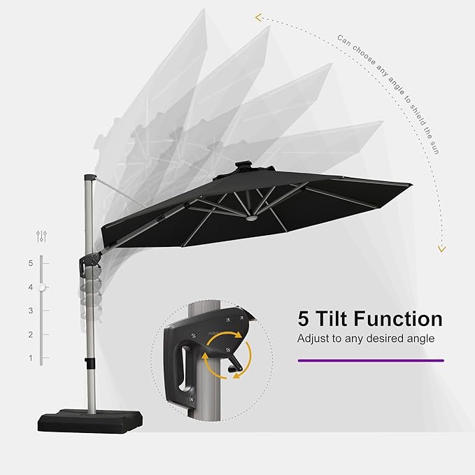 PURPLE LEAF 11ft Patio Umbrella with Lights Outdoor Round Cantilever Solar Powered LED Umbrella with 360-degree Rotation for Garden Deck Pool Patio, Black