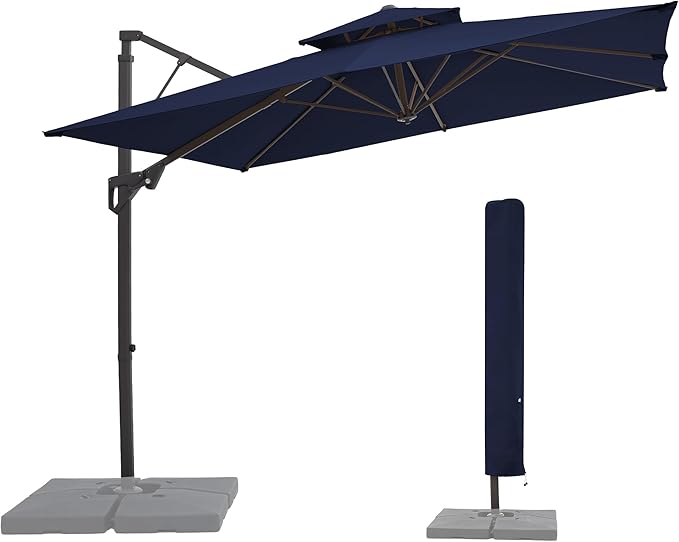 JEAREY 11ft 2-Tier Cantilever Patio Umbrella, Large Square Outdoor Offset Umbrella with Double Top Vent and 360-degree Rotation for Garden, Deck, Pool, Patio, Navy