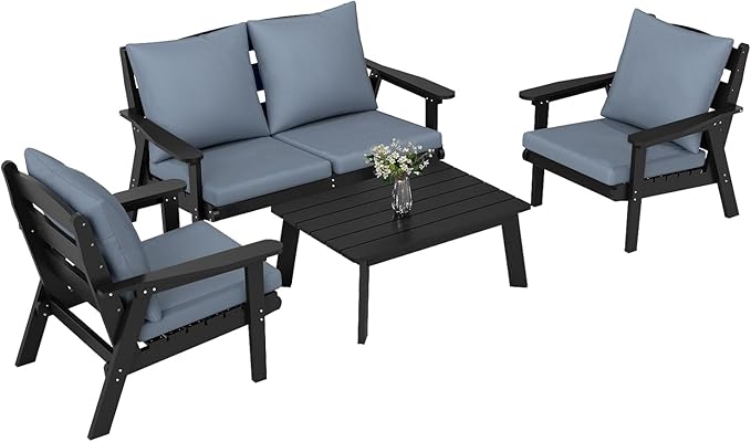 FOOWIN 4-Piece Patio Furniture Set, HDPE All-Weather Outdoor Conversation Set with Thick Cushions, Sectional Patio Sofa Furniture for Deck, Porch, Lawn, Garden, Black Frame & Grey Cushion