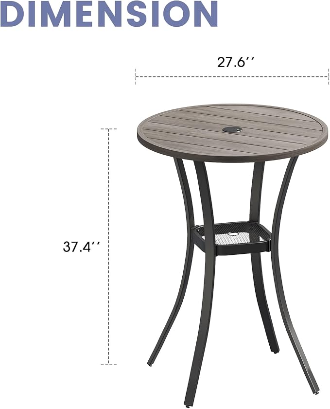 VICLLAX Outdoor Bar Table, 28" Wide Round Patio Bar-Height Table Weather Resistant Metal Slatted Tabletop with Umbrella Hole for Front Porch Deck, Backyard, Light Grey