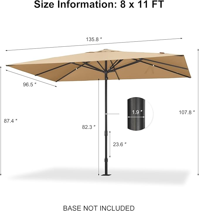 PURPLE LEAF 11' x 8' Rectangular Semi-Auto Outdoor Patio Umbrella Aluminium Market Umbrella Table Sun Umbrella with 1.89" Rod and 8 Sturdy Ribs for Deck Lawn Pool Garden, Beige