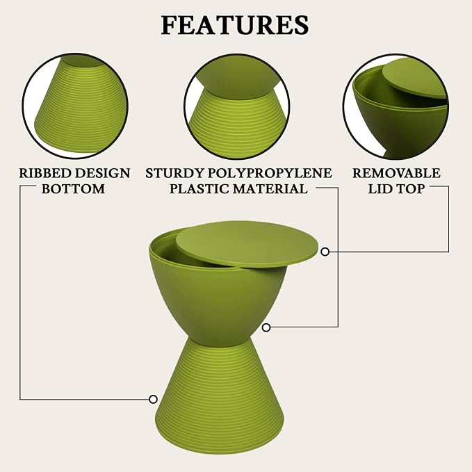 LeisureMod Green Hourglass Side Table with Storage – Modern Ribbed Drum End Table, Removable Lid, Compact Accent Table for Indoor/Outdoor Use