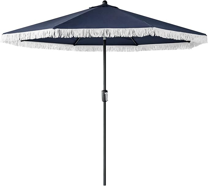Tempera 9ft Auto Tilt Patio Umbrellas with Fringe, Outdoor Market Umbrellas with Fade Resistant Canopy, 8 Sturdy Rids, Luxurious Vintage Umbrellas for Lawn, Pool, Deck, Balcony
