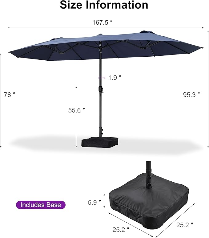 PURPLE LEAF 14ft Patio Market Umbrella with Base Double-Sided Rectangle Outdoor Table Sun Umbrellas with Crank 12 Heavy Duty Sturdy Ribs for Pool Beach Deck Backyard Navy Blue