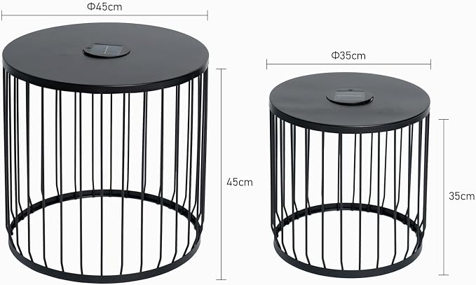 2-Pack 17.7 and 13.8 Inch Outdoor Side Tables, Solar Powered Side Tables with LED Lights, Round Metal Nesting Patio End Tables for Balcony Garden or Living Room, Black