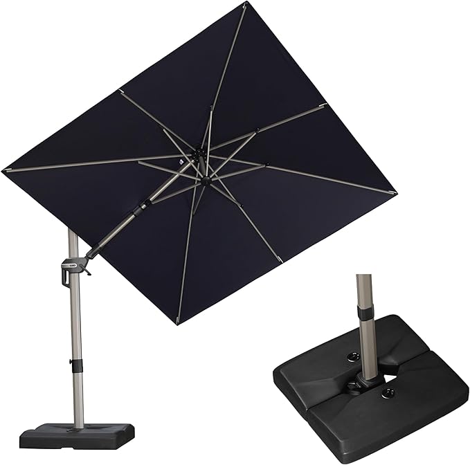 PURPLE LEAF 8' X 8' Left-right Tilting Patio Umbrella with Base Outdoor Swivel Cantilever Offset Aluminum Umbrella with Champagne Frame and 360-degree Rotation for Garden Deck Pool, Navy Blue