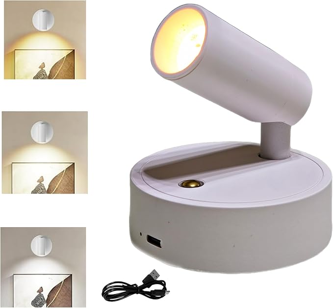 Spot Lights Indoor, Rechargeable Plant Spotlight Indoor, 360° Rotate Wireless LED Uplighting, Battery Powered Ceiling Spotlight for Artwork Painting Tree Plant Picture Lights Wall Light (White)