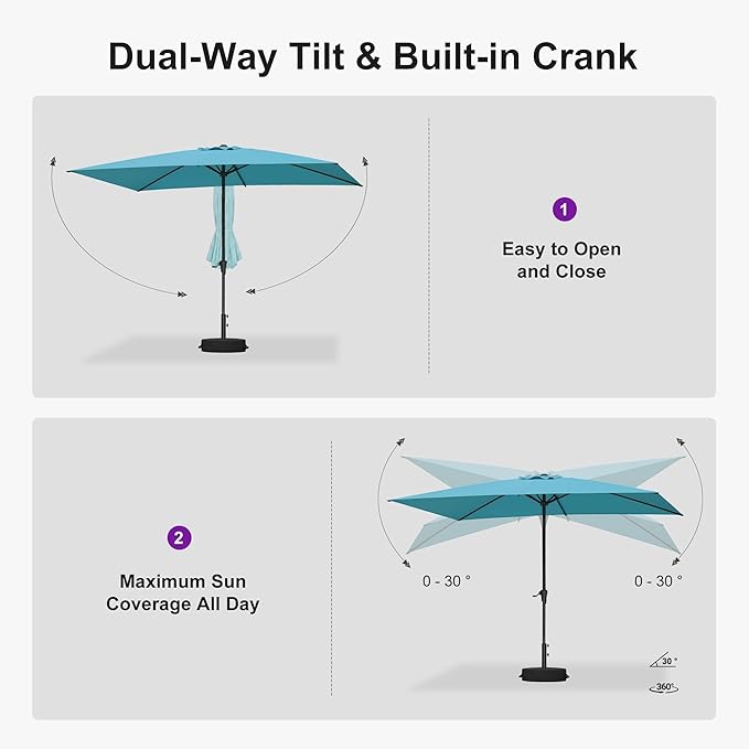 PURPLE LEAF 6.5' x 10' Rectangular Patio Umbrella Outdoor Table Umbrella Aluminum Frame Market Umbrella Sun Umbrella for Garden Deck Lawn Pool Turquoise Blue