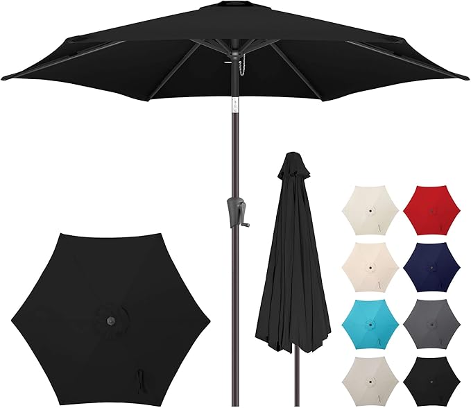 10ft Patio Umbrella Outdoor - Table Umbrella with 6 Sturdy Ribs, Market Umbrella with Push Button Tilt, UV Protection for Pool, Porch, Garden, Deck, Backyard (Black)