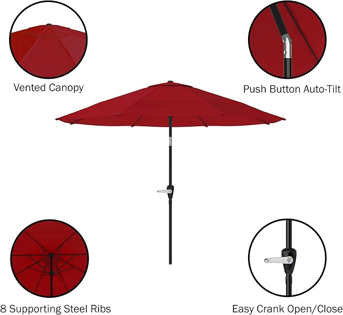 Pure Garden Patio Umbrella with Auto Tilt 10ft Easy Crank Sun Shade with 19lb Weighted Base for Deck, Outdoor Furniture, or Pool (Red)