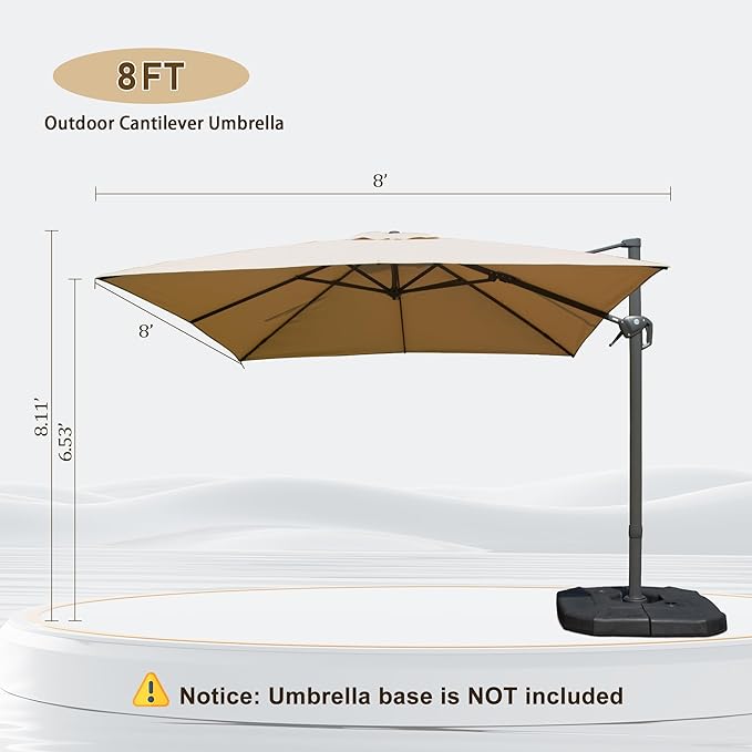 Domi 8’x8’ Cantilever Patio Umbrella, Aluminum Windproof Outdoor Umbrella with 360°Rotation, Square Offset Sun Shade Umbrella for Outside Deck Backyard Garden Pool, Beige