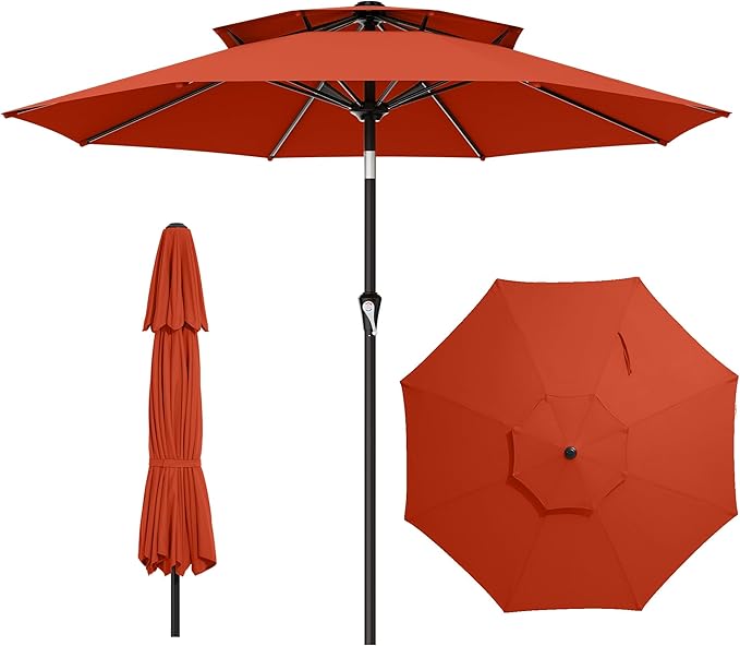 AreShark 9ft 2 Tiers Patio Umbrella - Outdoor Umbrella Waterproof UV Protection, Market Table Umbrella w/Push Button Tilt&Crank for Pool, Porch, Garden(Red)