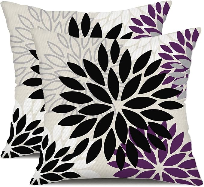 DFXSZ Outdoor Waterproof Pillow Covers 16x16 Set of 2 Black Purple Flower | Spring Summer Waterproof Flower Throw Pillowcases（No Inserts）Outdoor Decor for Patio Funiture Garden Polyester Covers