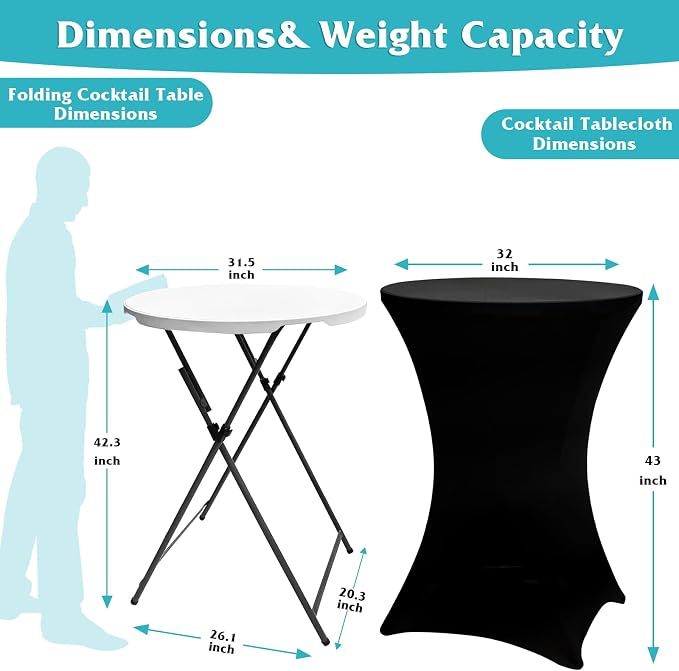 Camp Field 2 Packs Round Folding Cocktail Tables with Black Covers, 32 inch High Top Highboy Bar Height Tables, Portable Pub Bistro Furniture for Weddings, Parties, Events, Indoor Outdoor