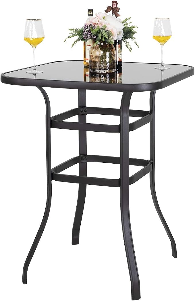 Avestar Nuu Garden Patio Bar Table, 32 Inch Outdoor Bar Height Bistro Table with with Tempered Glass Table Top and Powder-Coated Iron Frame,Black