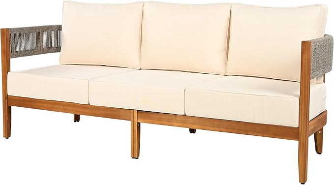 Christopher Knight Home Quixley Acacia Wood 5 Piece Patio Furniture Set, Large Wooden Patio Conversation Set with Club Chair+Coffee Table, 7-Seater Outdoor Loveseat Sofa Chair and Table Set,Teak+Beige